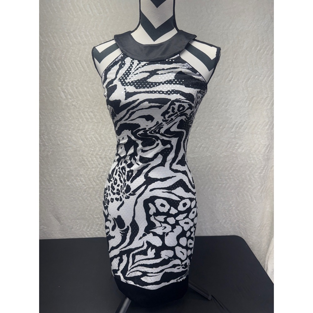 Vintage Cache Animal Print Sequin Halter Sheath Dress Size 2 Silk Trim